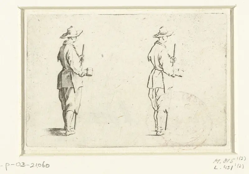 Tweemaal dezelfde man met beker en wandelstok, op de rechterzijde gezien Wall Art by Jacques Callot - High-Resolution Digital Print