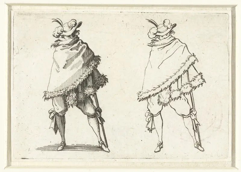 Tweemaal dezelfde man met bontmantel en wandelstok, van voren gezien Wall Art by Jacques Callot - High-Resolution Digital Print