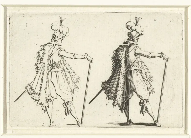 Tweemaal dezelfde man met bontmantel, wandelstok en zwaard, op de rechterzijde gezien Wall Art by Jacques Callot - High-Resolution Digital Print