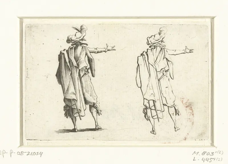 Tweemaal dezelfde man met mantel en zwaard, de rechterarm uitgestoken, op de rug gezien Wall Art by Jacques Callot - High-Resolution Digital Print