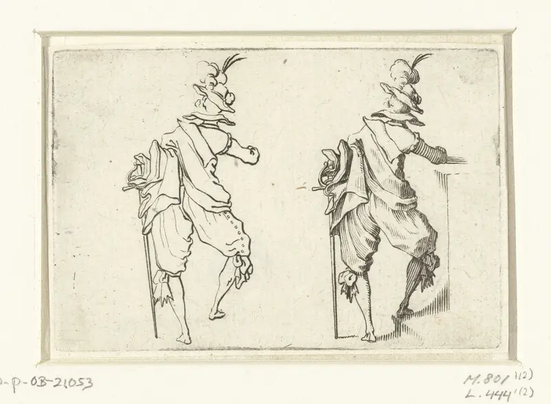 Tweemaal dezelfde man met mantel en zwaard, leunend op een muurtje, op de rug gezien Wall Art by Jacques Callot - High-Resolution Digital Print