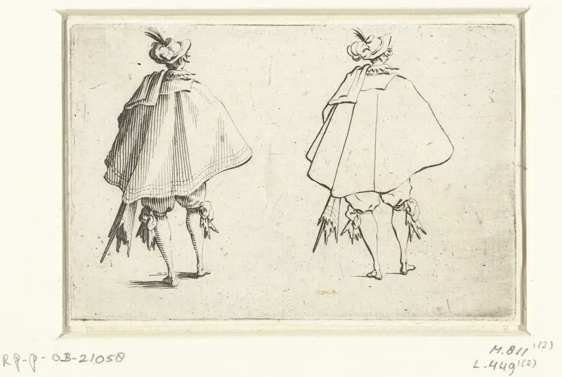 Tweemaal dezelfde man met mantel en zwaard, op de rug gezien Wall Art by Jacques Callot - High-Resolution Digital Print