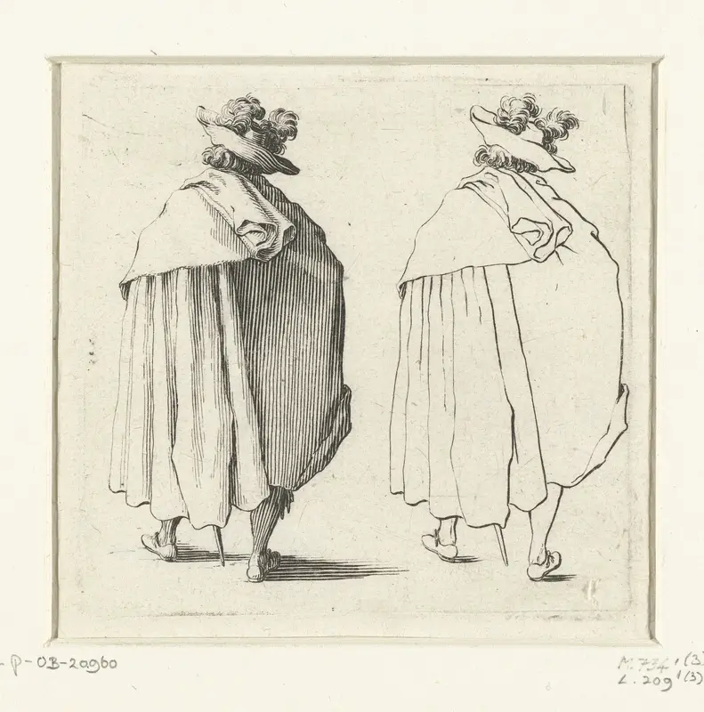 Tweemaal dezelfde soldaat met grote gepluimde hoed en mantel, op de rug gezien Wall Art by Jacques Callot - High-Resolution Digital Print