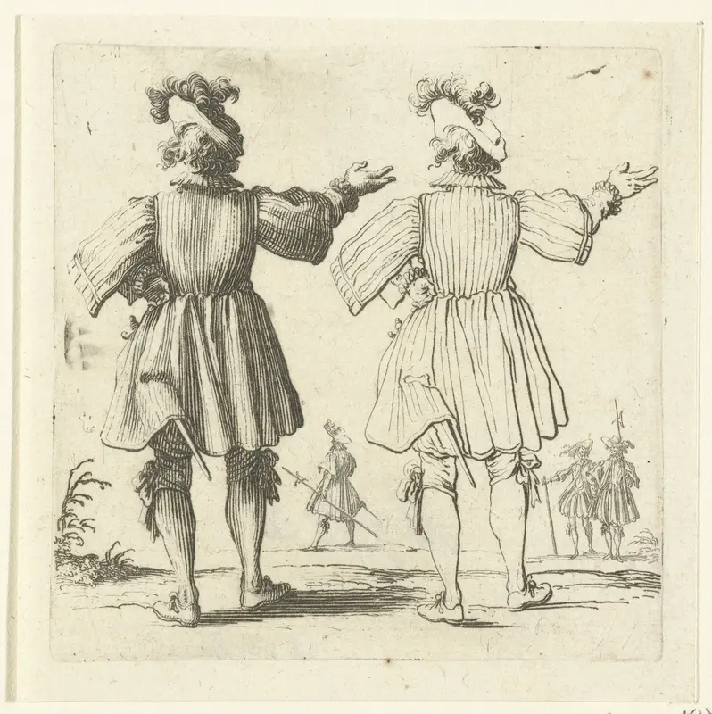 Tweemaal dezelfde soldaat met grote gepluimde hoed en opgeheven arm, op de rug gezien Wall Art by Jacques Callot - High-Resolution Digital Print