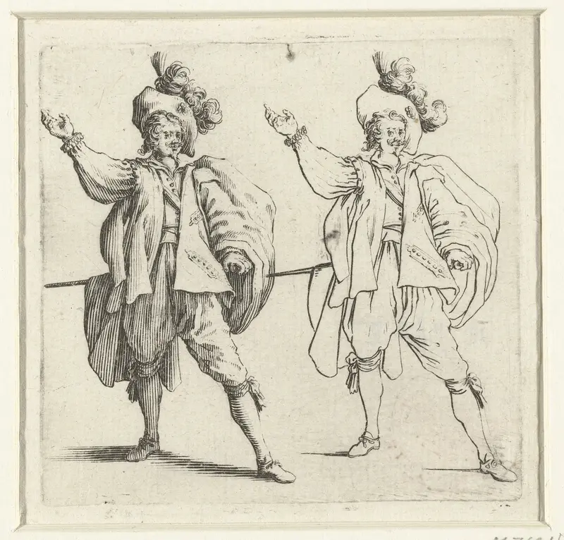 Tweemaal dezelfde soldaat met grote gepluimde hoed en opgeheven arm, van voren gezien Wall Art by Jacques Callot - High-Resolution Digital Print