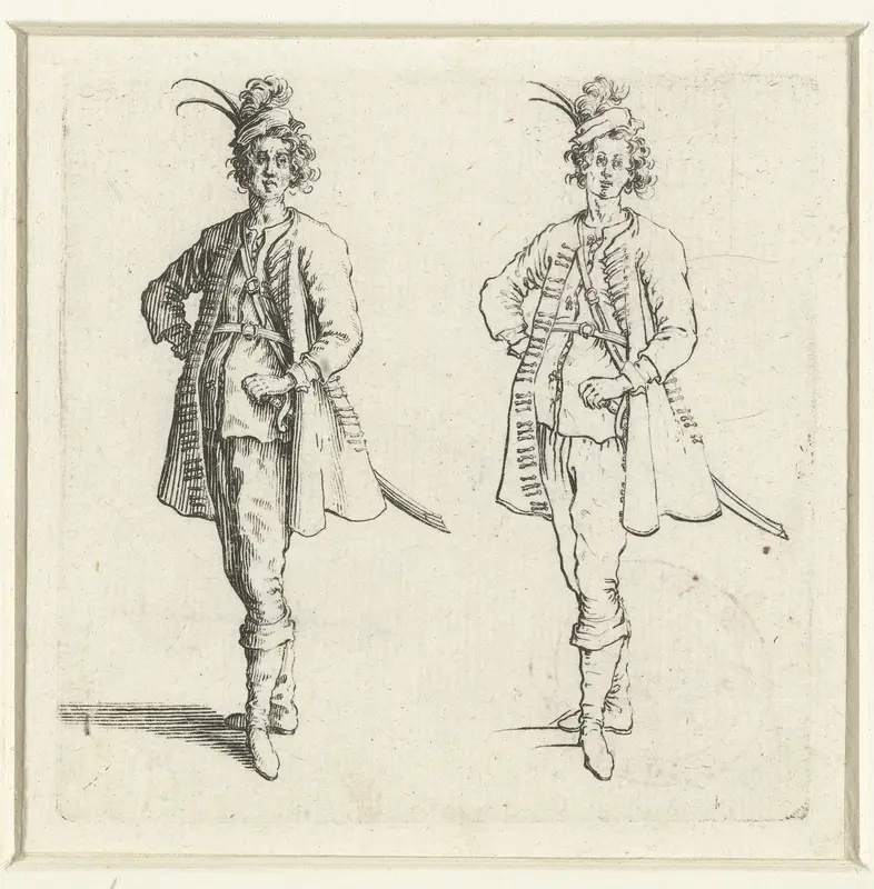 Tweemaal dezelfde soldaat met kleine gepluimde hoed en de hand in de zij, van voren gezien Wall Art by Jacques Callot - High-Resolution Digital Print