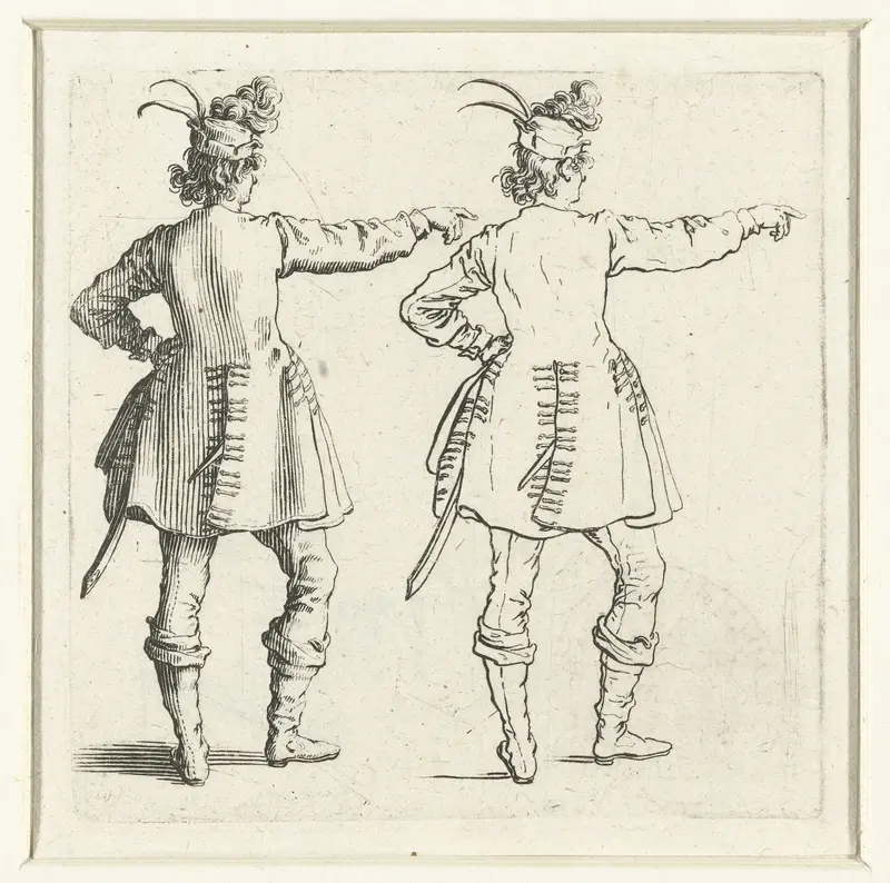 Tweemaal dezelfde soldaat met kleine gepluimde hoed en opgeheven arm, op de rug gezien Wall Art by Jacques Callot - High-Resolution Digital Print