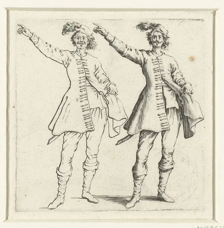 Tweemaal dezelfde soldaat met kleine gepluimde hoed en opgeheven arm, van voren gezien Wall Art by Jacques Callot - High-Resolution Digital Print
