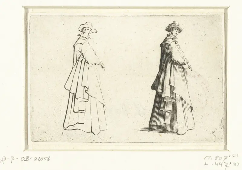 Tweemaal dezelfde vrouw (man?) met lange mantel, op de rechterzijde gezien Wall Art by Jacques Callot - High-Resolution Digital Print