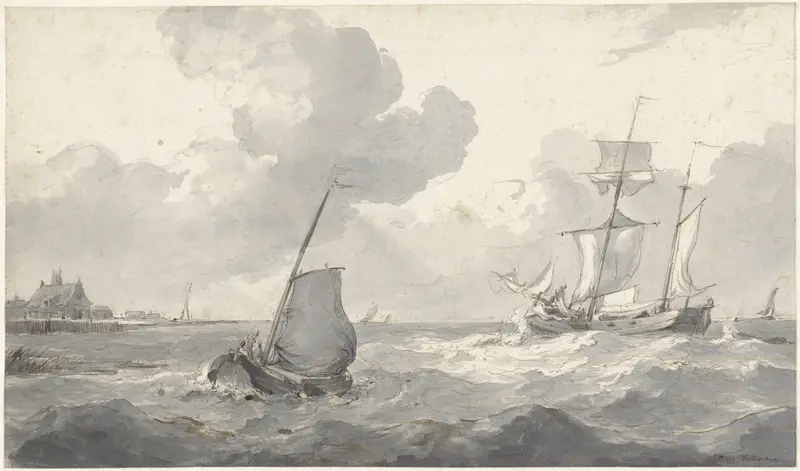 Tweemaster en vissersboot voor de kust