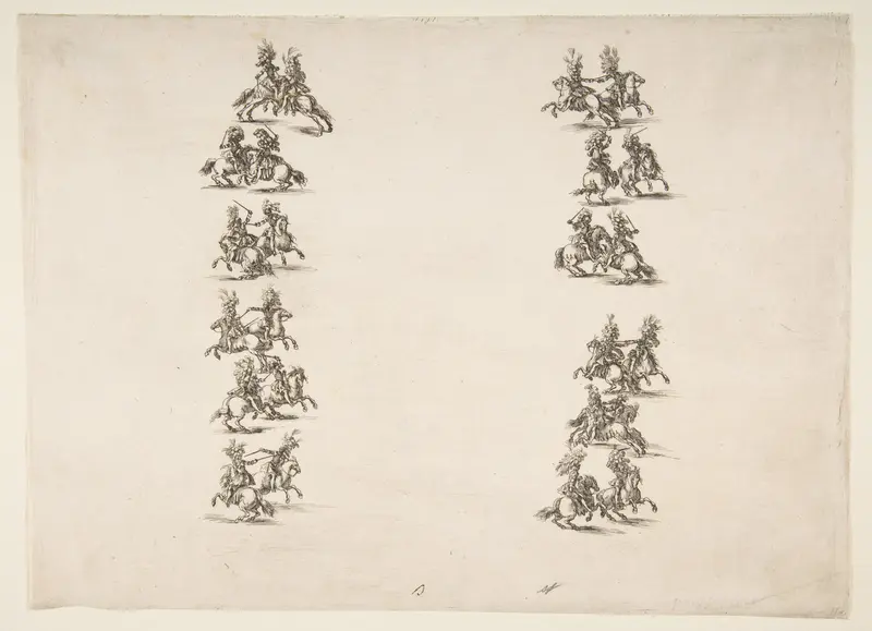 Twenty-four Cavaliers Fighting in Two Columns Wall Art by Stefano della Bella - High-Resolution Digital Print