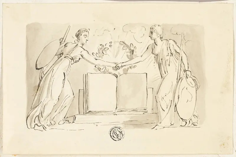 Two Allegorical Female Figures Clasping Hands before Book Wall Art by Thomas Stothard - High-Resolution Digital Print