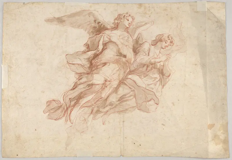 Two Angels Flying; verso: God the Father Seated in the Clouds and a Sketch of a Figure Flying Wall Art by Cosmas Damian Asam - High-Resolution Digital Print