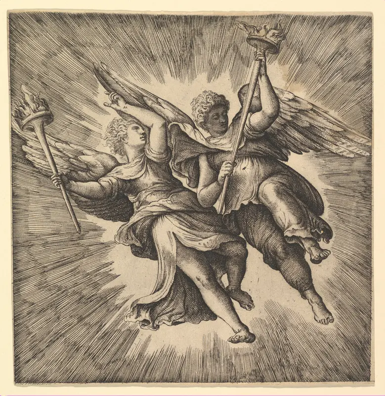 Two Angels or Winged Genii Carrying Torches Wall Art by Battista Franco - High-Resolution Digital Print