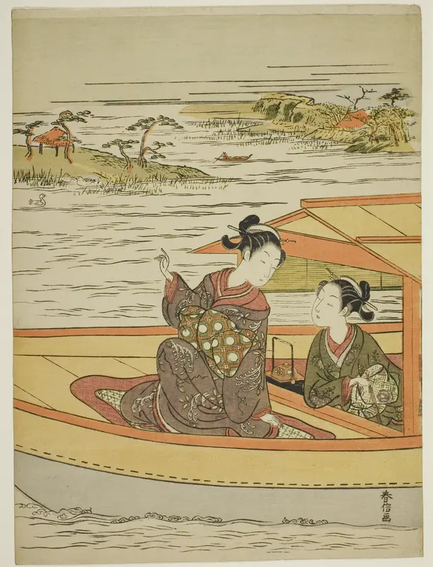 Two Beauties in a Boat Wall Art by Suzuki Harunobu - High-Resolution Digital Print