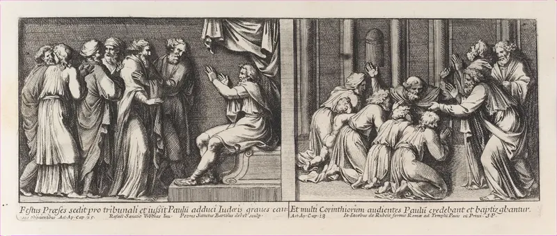 Two Biblical Scenes: Festus judging Saint Paul at left and Saint Paul Baptizing the Christians of Corinth at right, from a series of 15 plates depicting Raphael's works for the Vatican stanze and the Sistine Chapel tapestries Wall Art by Pietro Santi Bartoli - High-Resolution Digital Print