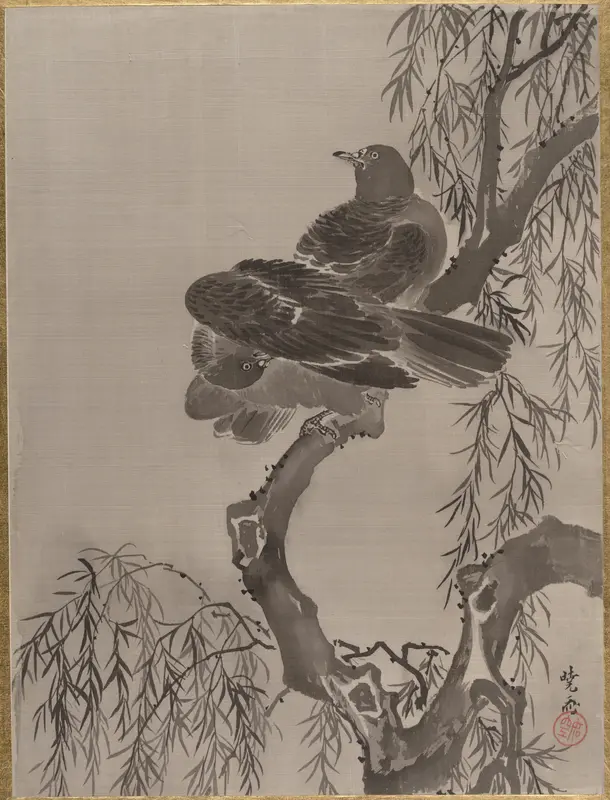 Two Birds on a Branch Wall Art by Kawanabe Kyōsai 河鍋暁斎 - High-Resolution Digital Print