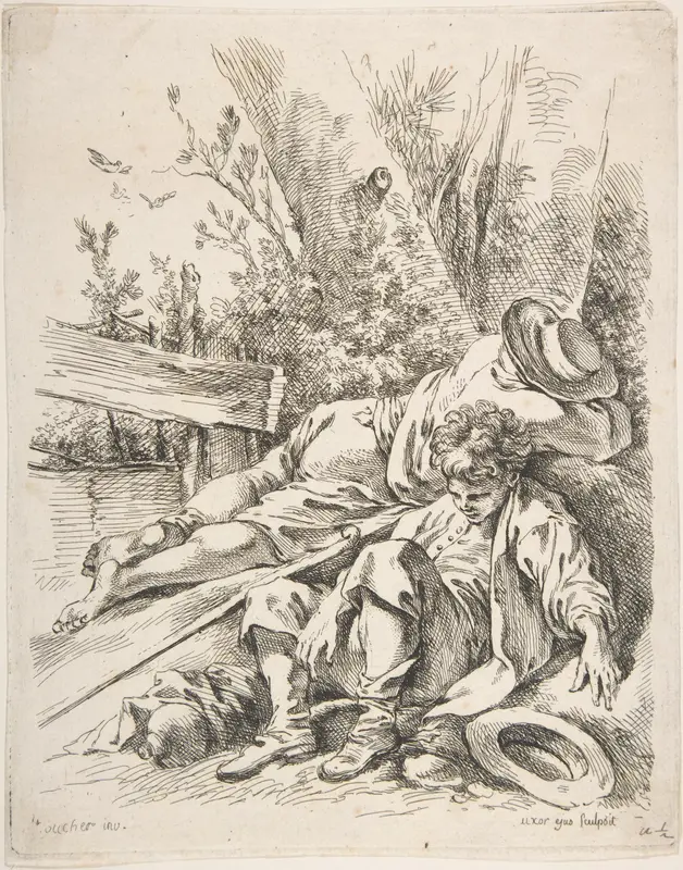 Two Boys Sleeping Besides a Tree Wall Art by Marie Jeanne Boucher - High-Resolution Digital Print