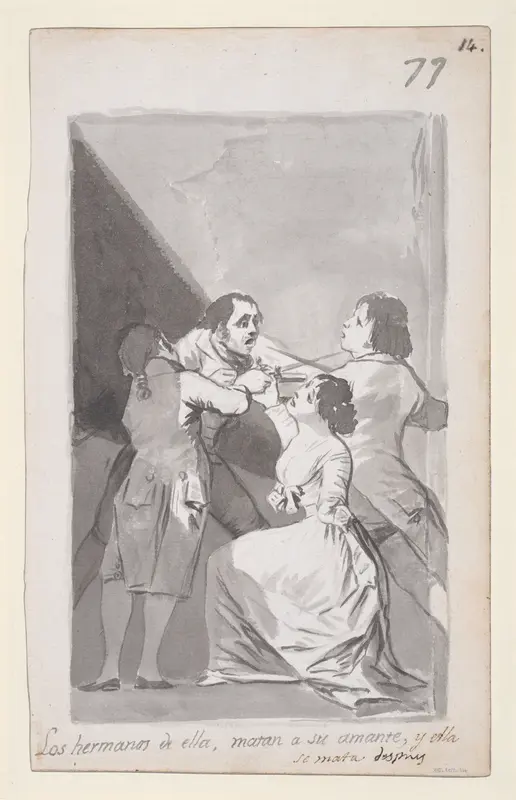 Two brothers killing their sister's lover in her presence; folio 77 (recto) from the Madrid Album "B"