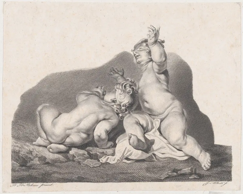 Two children lying on the ground, one seen from behind Wall Art by Anonymous - High-Resolution Digital Print