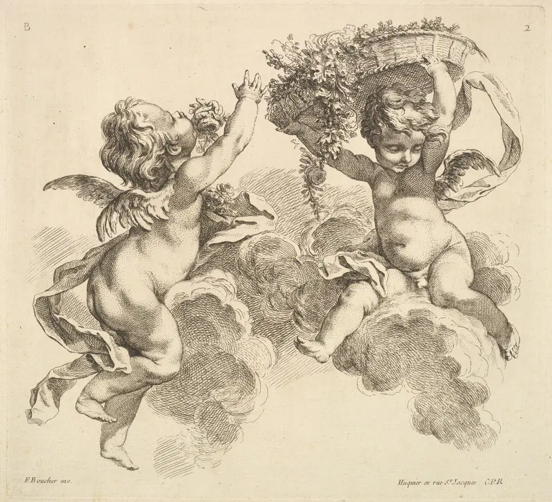Two Children, One Holding a Basket with Flowers Wall Art by Gabriel Huquier - High-Resolution Digital Print