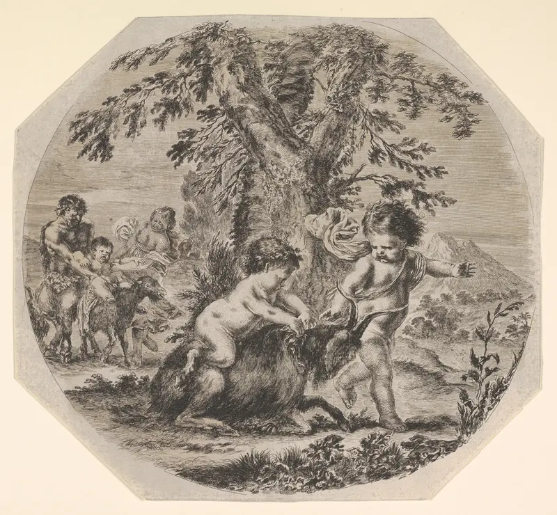 Two children playing with a goat in center, turned towards the right, a child satyr sitting atop the goat, the other child gesturing towards the right, a satyr and a woman watching their child ride a goat in the background Wall Art by Stefano della Bella - High-Resolution Digital Print