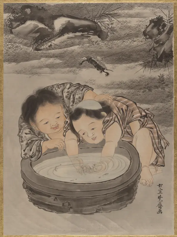 Two Children Playing with Goldfish Wall Art by Kawanabe Kyōsai 河鍋暁斎 - High-Resolution Digital Print