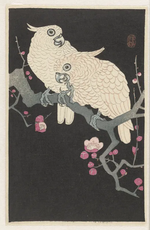 Two cockatoo and plum blossom Wall Art by Watanabe Shōzaburō - High-Resolution Digital Print