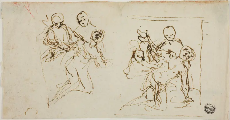 Two Composition Sketches of Collapsing Figure Supported by Two Other Figures (recto); Compositional Sketch of Kneeling Figure Accompanied by Two Other Figures Wall Art by Baldassare Franceschini - High-Resolution Digital Print