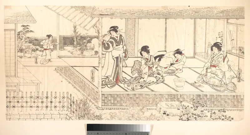 Two Court Ladies (Goten Jochu) and a Geisha at a Restaurant Wall Art by Utagawa Kunisada - High-Resolution Digital Print