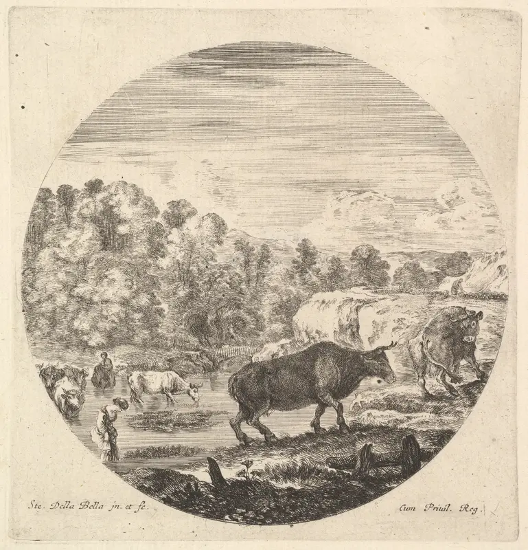 Two cows in center, followed by two peasant women and other cows in the river to left, from "Six Animal Subjects" (Six Sujets d'Animaux) Wall Art by Stefano della Bella - High-Resolution Digital Print