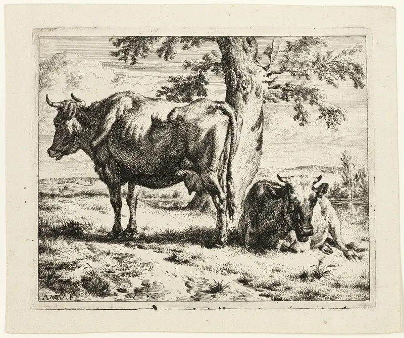 Two Cows under a Tree Wall Art by Adriaen van de Velde - High-Resolution Digital Print