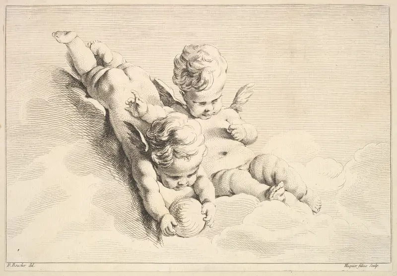 Two Cupids, One Holding a Ball Wall Art by Jacques Gabriel Huquier - High-Resolution Digital Print