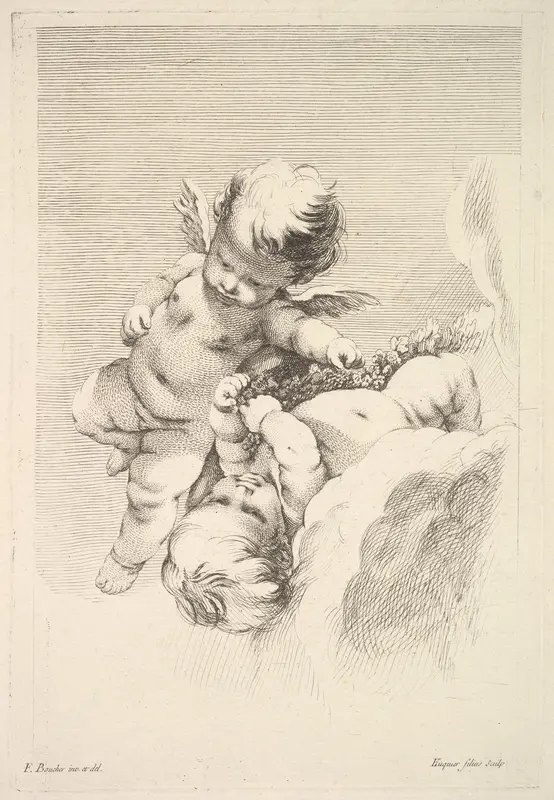 Two Cupids, One Holding a Wreath Wall Art by Jacques Gabriel Huquier - High-Resolution Digital Print