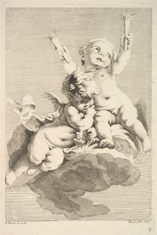 Two Cupids, One Holding Torches Wall Art by Jacques Gabriel Huquier - High-Resolution Digital Print