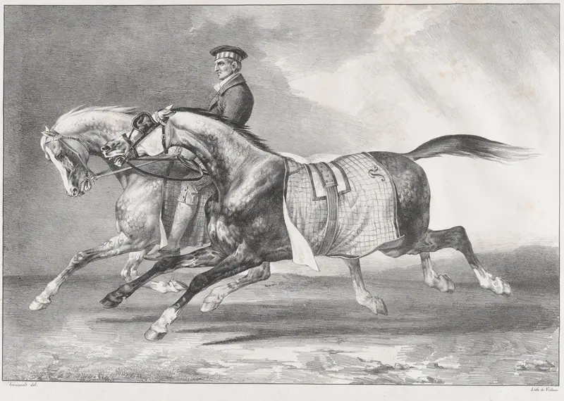 Two Dappled-Grey Horses Being Exercised
