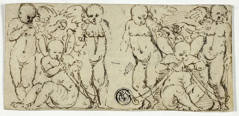 Two Decorative Groups of Putti with Trumpets and Fruit Wall Art by Unknown artist - High-Resolution Digital Print