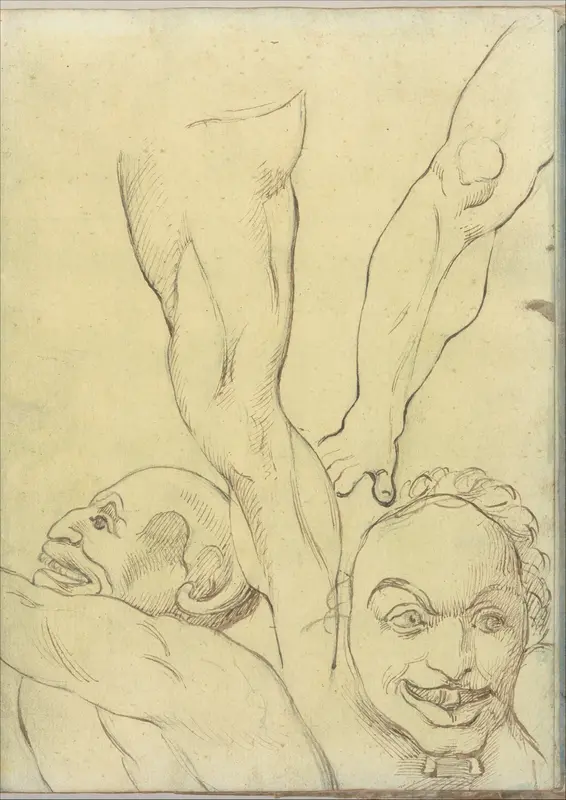 Two demons and two legs, after Michelangelo (?) (Smaller Italian sketchbook, leaf 16 recto) Wall Art by Joseph Wright (Wright of Derby) - High-Resolution Digital Print
