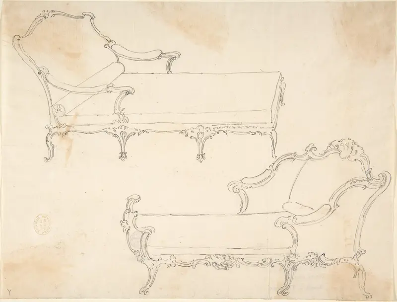 Two Design Drawings for Day-Beds Wall Art by Anonymous, Italian, 18th century - High-Resolution Digital Print
