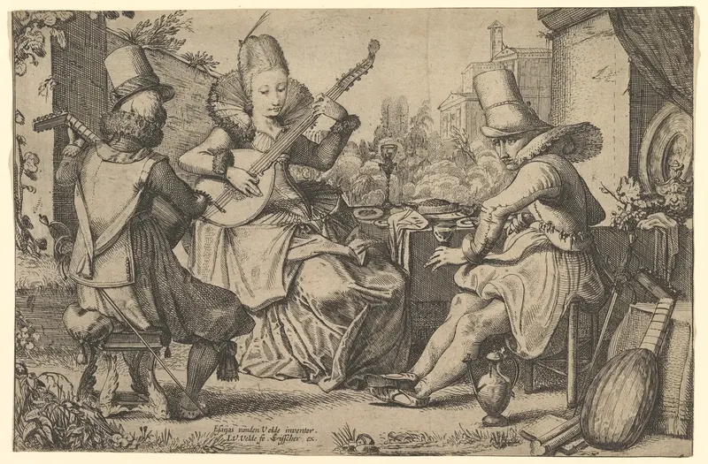 Two Elegantly Dressed Men and a Woman in a Garden Wall Art by Jan van de Velde II - High-Resolution Digital Print