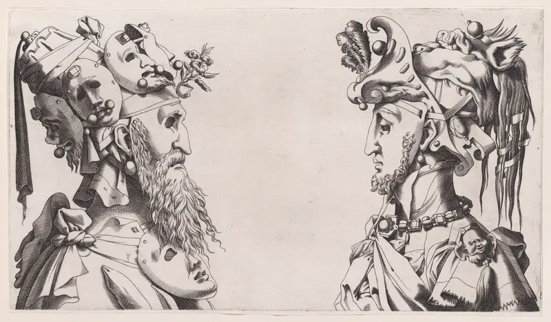 Two Fantastical Masked Masculine Heads Wall Art by Anonymous, 16th century - High-Resolution Digital Print