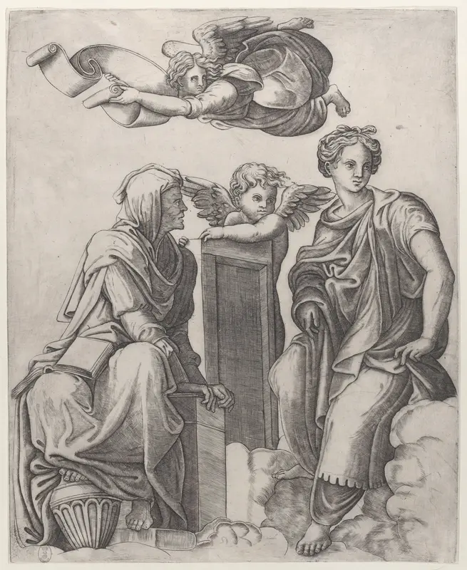 Two female figures seated in the clouds flanking an angel and another flying above carrying a banderole Wall Art by Giovanni Antonio da Brescia - High-Resolution Digital Print