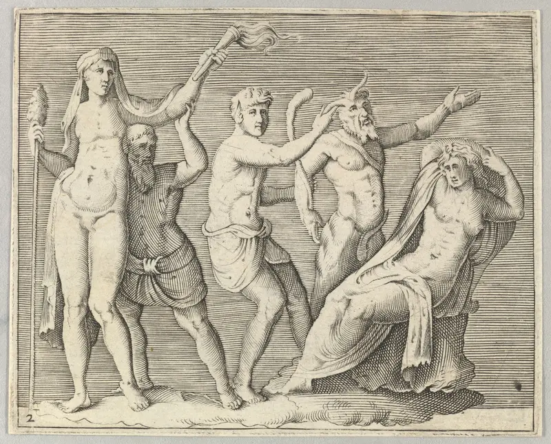 Two Figures, a Faun, and a Satyr approach a Recliniing Woman, from "Ex Antiquis Cameorum et Gemmae Delineata/ Liber Secundus/et ab Enea Vico Parmen Incis" Wall Art by Anonymous, Italian, 16th century - High-Resolution Digital Print