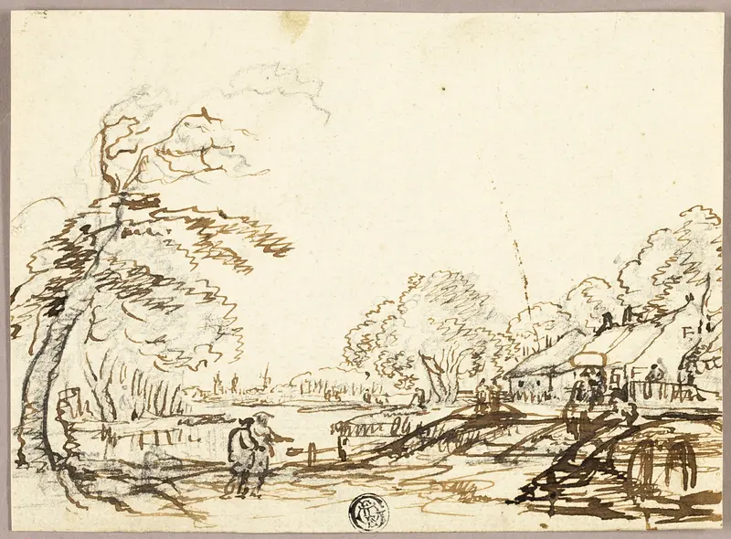 Two Figures along River near Bridges and Houses (recto); Two Figures on Bridge Looking at Man in Punt (verso) Wall Art by Unknown - High-Resolution Digital Print
