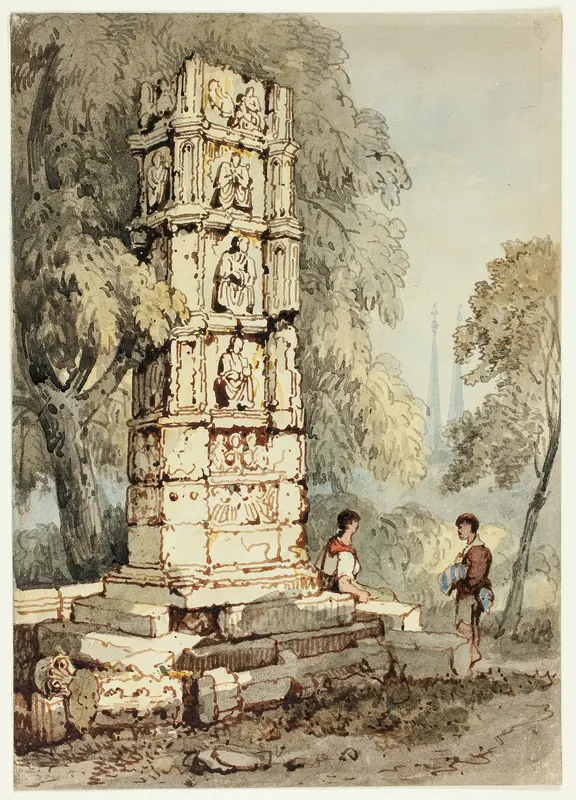 Two Figures Beside Medieval Ruins, with Church in Distance Wall Art by Samuel Prout - High-Resolution Digital Print