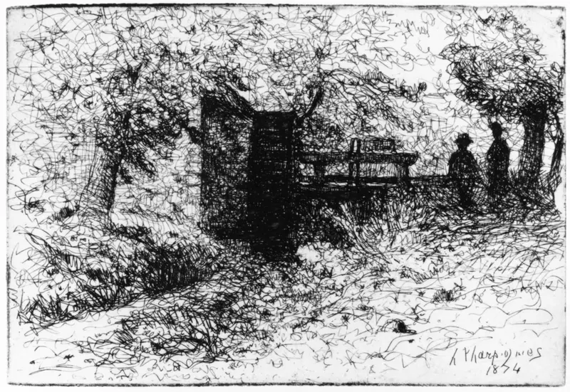 Two Figures by a Small Watergate Wall Art by Henri-Joseph Harpignies - High-Resolution Digital Print