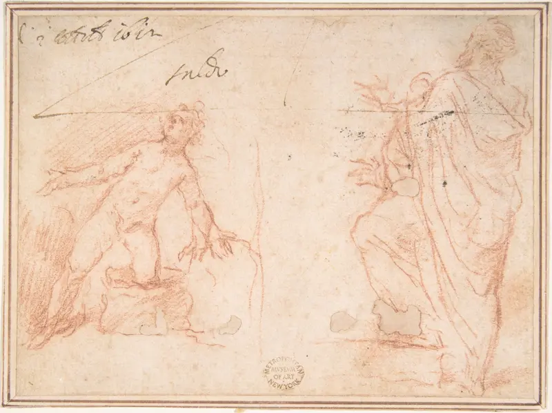 Two Figures: Nude Youth on One Knee, Man Standing with Left Foot Raised Wall Art by Anonymous, Italian, Roman-Bolognese, 17th century - High-Resolution Digital Print