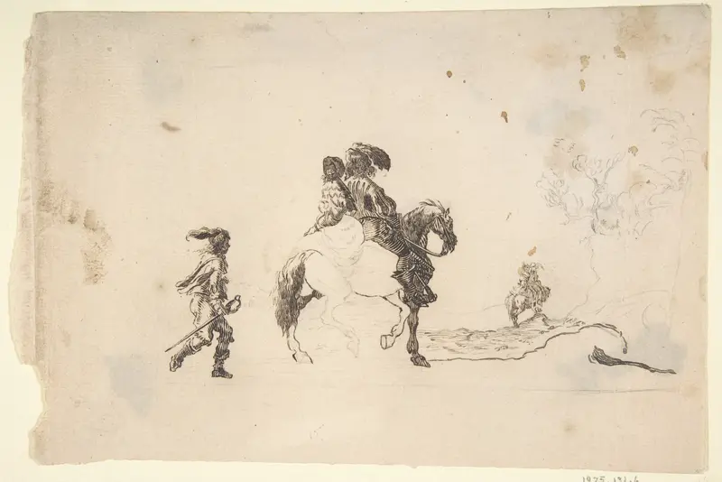 Two Figures on Horseback, a Soldier Walking Behind Wall Art by Stefano della Bella - High-Resolution Digital Print