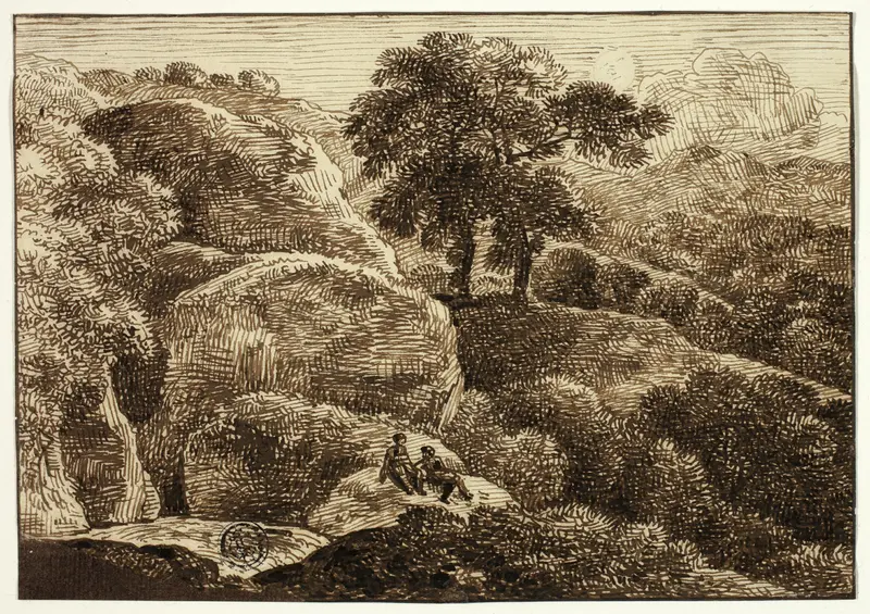 Two Figures Resting on Hillside near Two Trees Wall Art by Franz Kobell - High-Resolution Digital Print