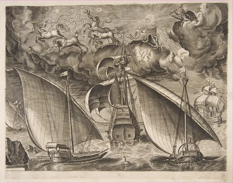 Two Galleys Sailing Behind an Armed Three-Master with Phaeton and Jupiter in the Sky, from the series of Ships Wall Art by Pieter Bruegel the Elder - High-Resolution Digital Print